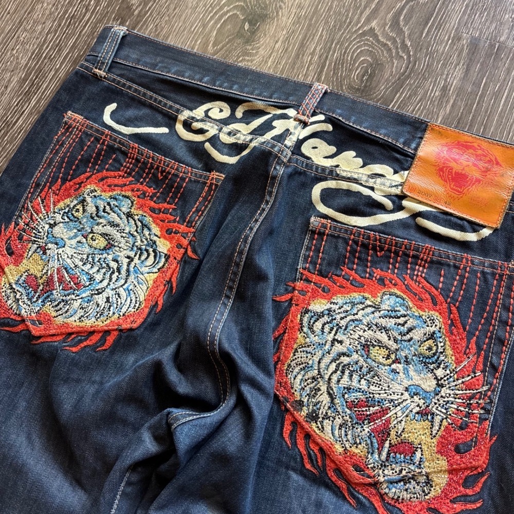 Vintage Y2K 2007 Ed Hardy Flaming Tiger Jeans Baggy Button Fly